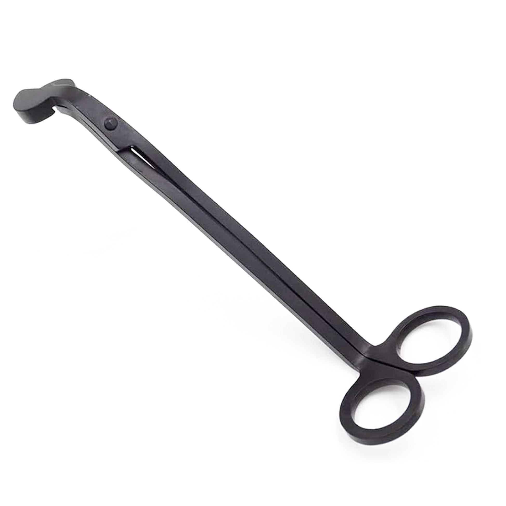 Black candle wick trimmer with curved cutting tip for clean burn and deep jar trimming precision