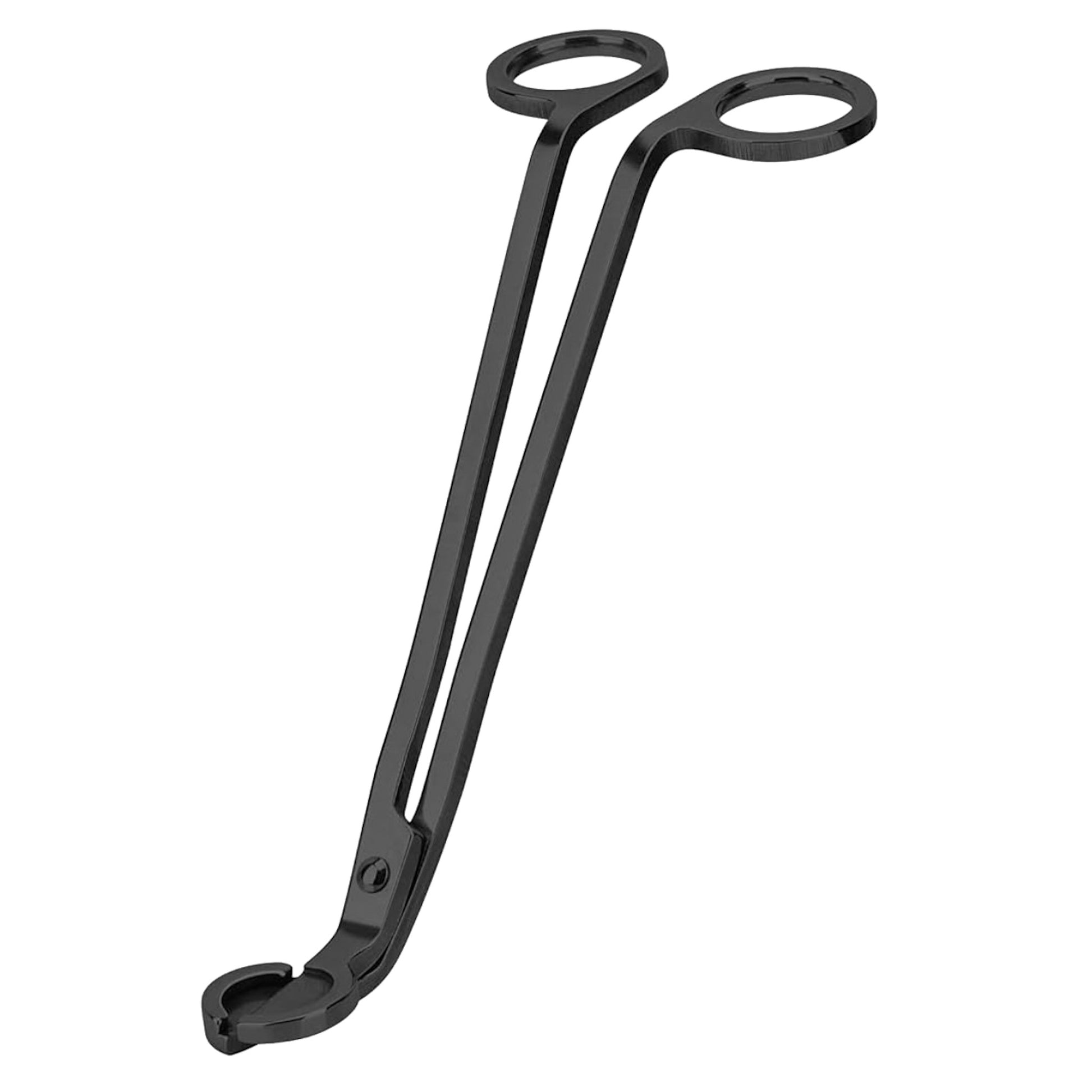 Black metal candle wick trimmer with precision grip loops and angled cutting tip for clean trimming