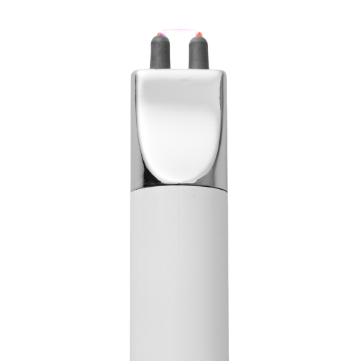 Close-up of white plasma arc candle lighter tip with dual electrodes and pink ignition spark