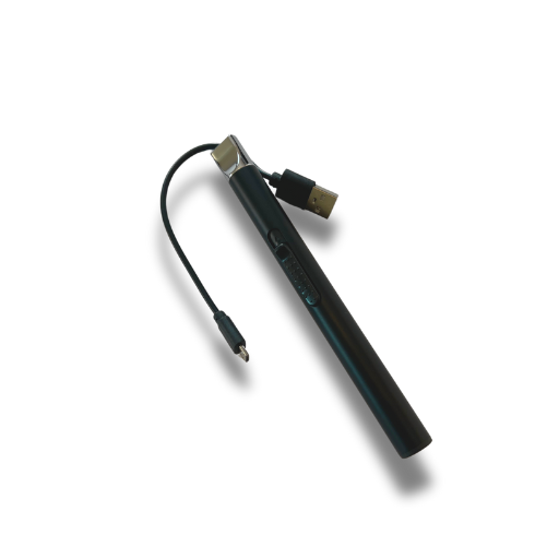 Rechargeable black electronic candle lighter with USB cable, safety slider, and ignition button