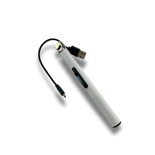 White rechargeable candle lighter with USB cable, LED indicator, and safety ignition button