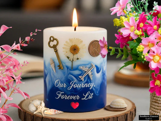 Custom candle, "Our Journey, Forever Lit" with symbols, flowers & blue wax