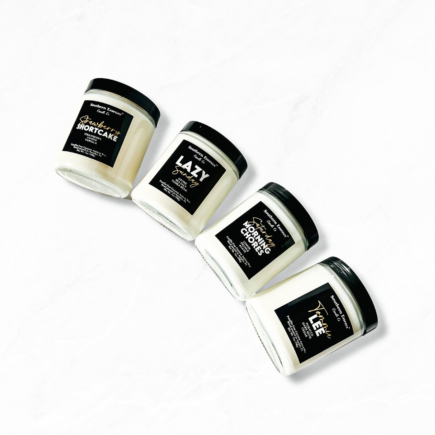 Southern Elegance scented candles in jars with Strawberry Shortcake and other scents