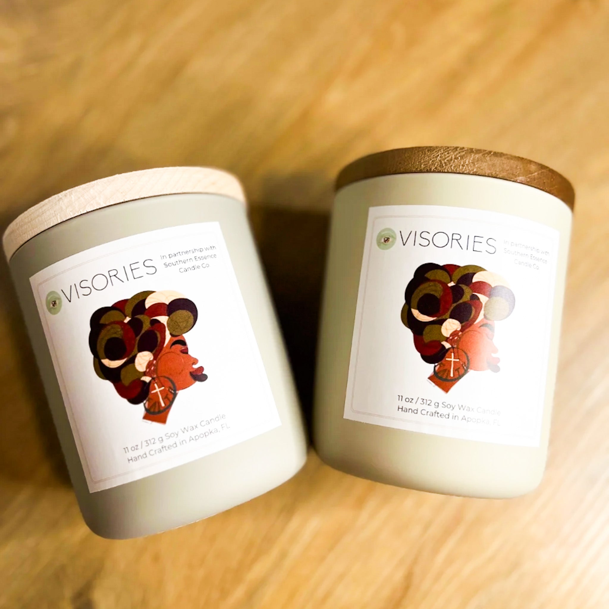 Handcrafted soy candles by VISORIES x Southern Essence with abstract label designs